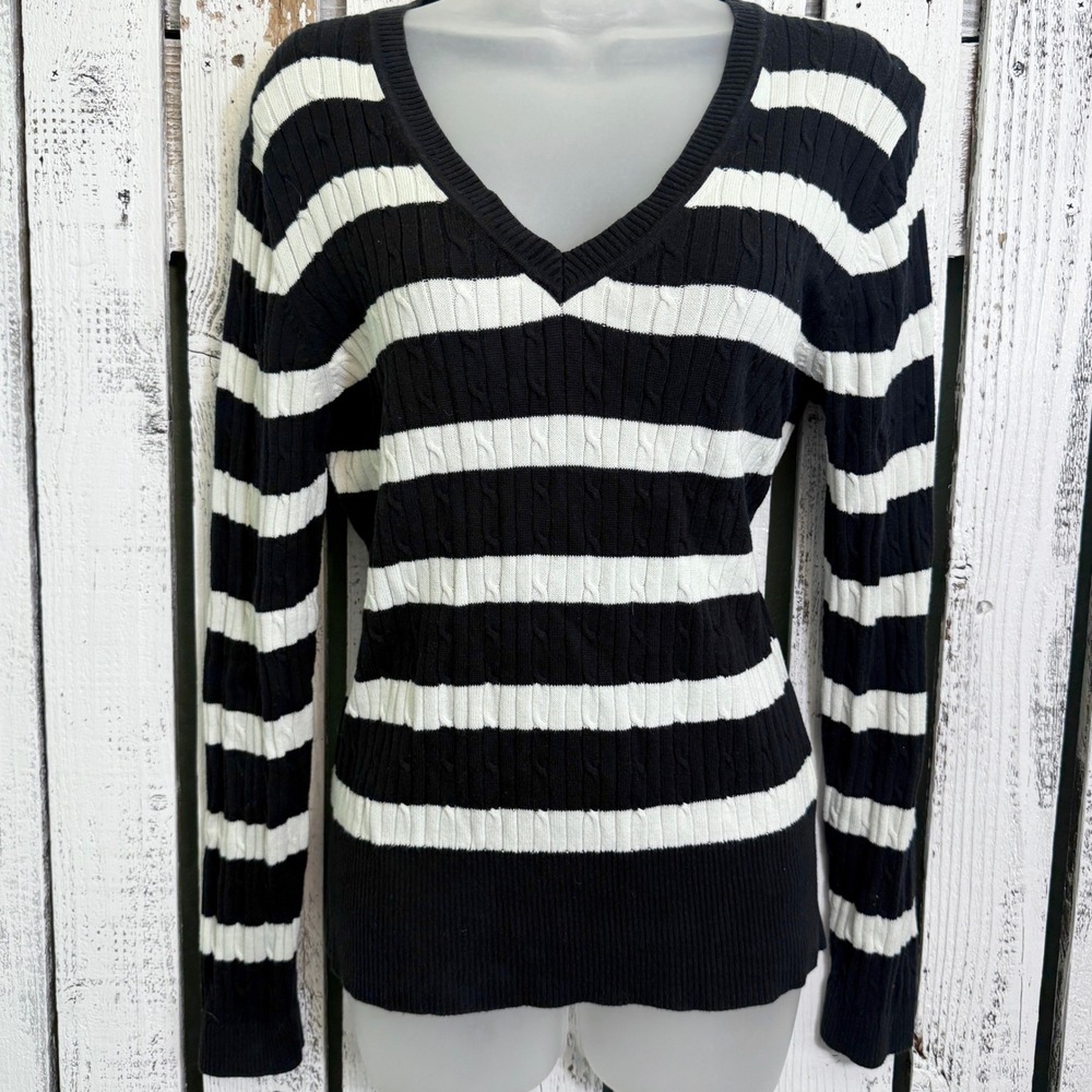 Tommy Hilfiger V-Neck Sweater Women L Navy White Stripe Preppy Nautical Cotton